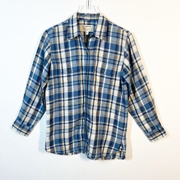Current Elliott Womens Size Small Blue Plaid Perfect Linen Slim Button Up Shirt - Picture 2 of 12